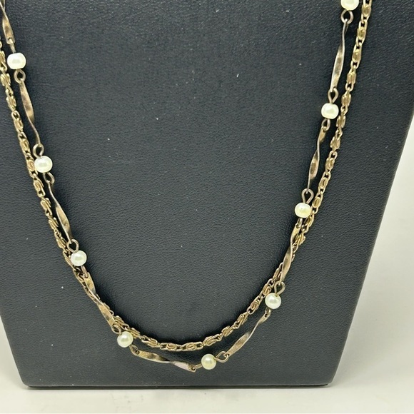 Classic Versatile Long Double Layered Gold Tone Chain with White Faux Pearls 26” - Picture 3 of 7